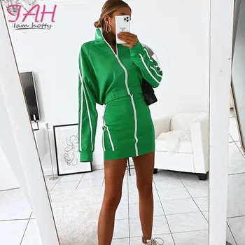 

IAMHOTTY Sporty Zipper Autumn Joggers Women Tracksuits Long Sleeve Jackets And Striped Skirts Harajuku Baggy New Two Piece Sets