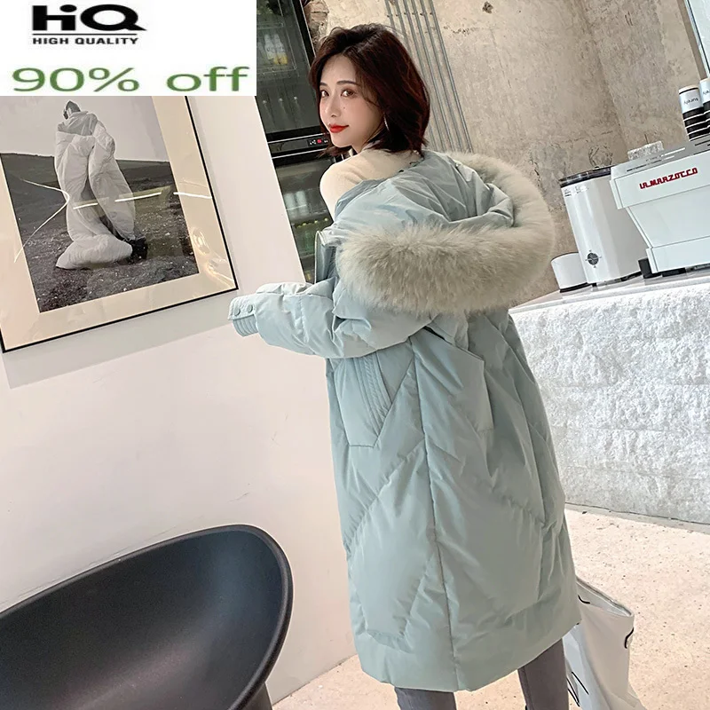 Women's Winter Down Jacket Hooded Big Raccoon Dog Fur Collar Long White Coat Female Puffer Warm Parkas B19R02283 KJ5125 | Женская