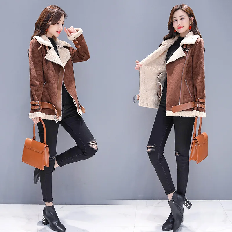 Short Coat Women's Fur Winter New Style Lace-up Suede Lambs Wool Motorcycle Jacket Cotton Coat Women's Fashion