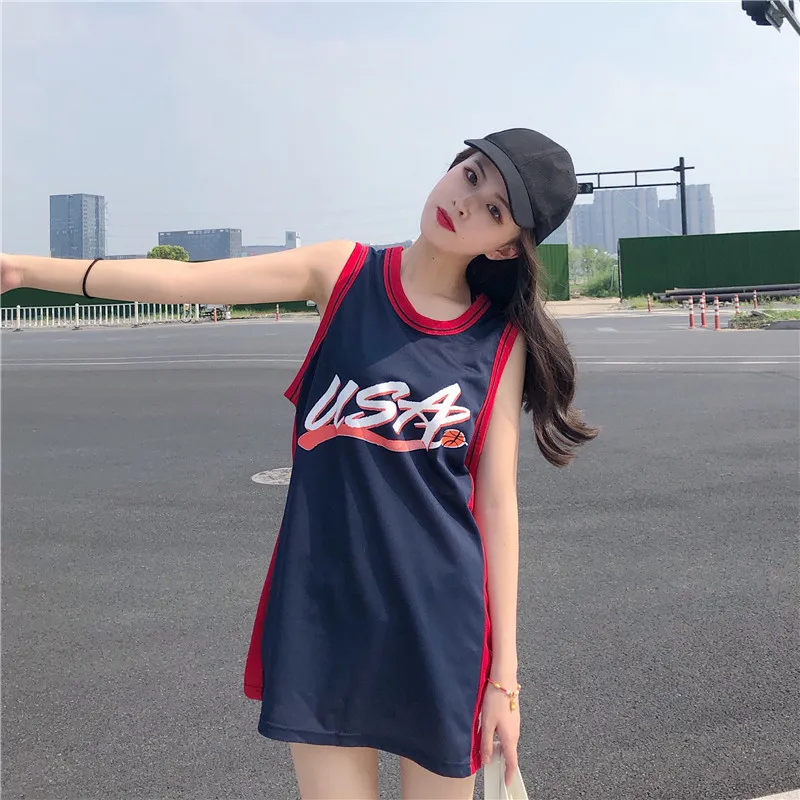 

Hong Kong Style BF Mid-length Tops Casual Shirt Star Printed Letter Loose-Fit Sports Vest WOMEN'S T-shirt Summer Students