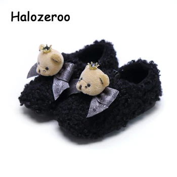 

Winter Kids Princess Shoes Baby Girls Bear Flats Children Warm Brand Shoes Toddler Black Slip On Loafer Fashion Moccasin New