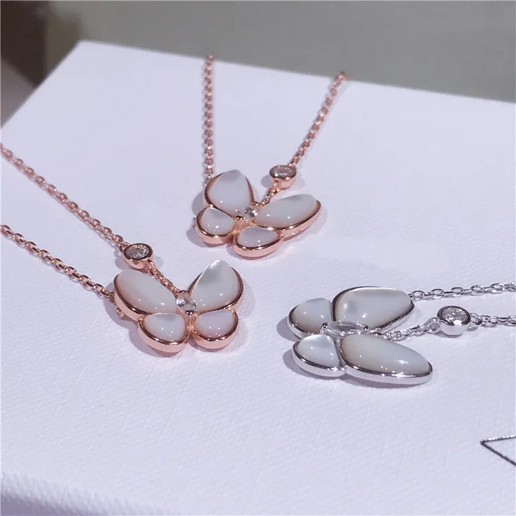 2 Colors High Quality Women Jewelry Natural Shell With Zircon Butterfly Pendant Real 925 Sterling Silver Necklace