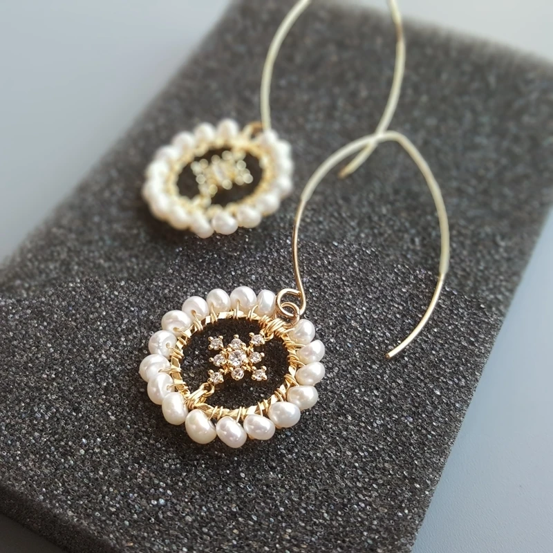 Женские серьги подвески с пресноводным жемчугом Цирконом снежинками 925 пробы