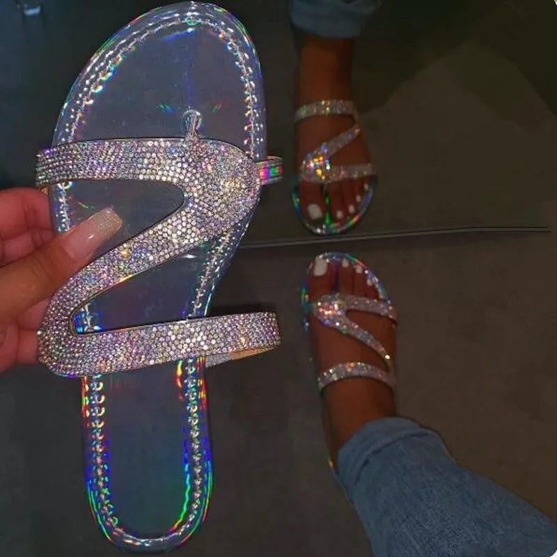 

2020 Spring/summer Female Fashion Z-Shaped Rhinestone Outdoor Beach Shoes Slippers Sandals Crystal Buckle Ladies Flip-flops Shoe