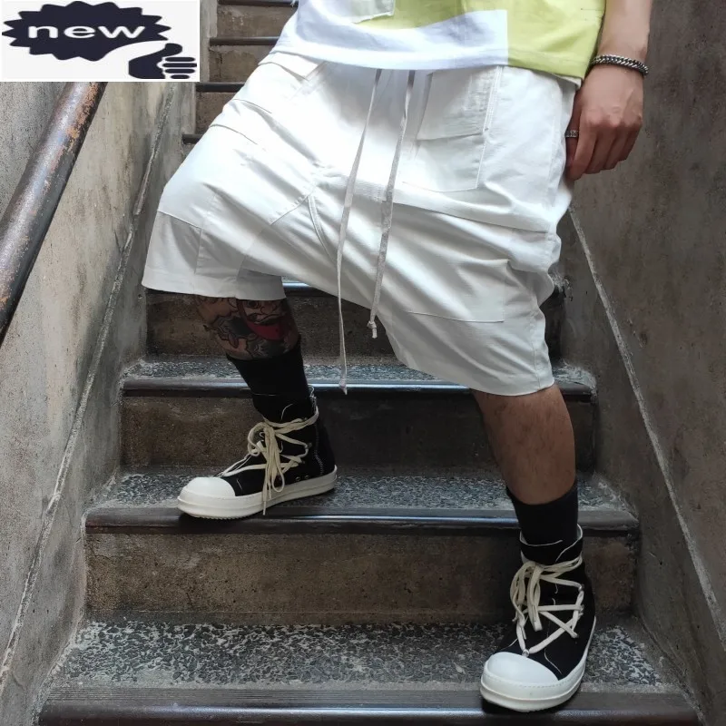 

Hip Hop Loose Fit Lace Up Knee Length Trousers Mens Drop Crotch Cargo Casual Sweatpants Summer Beach Cotton Harem Shorts