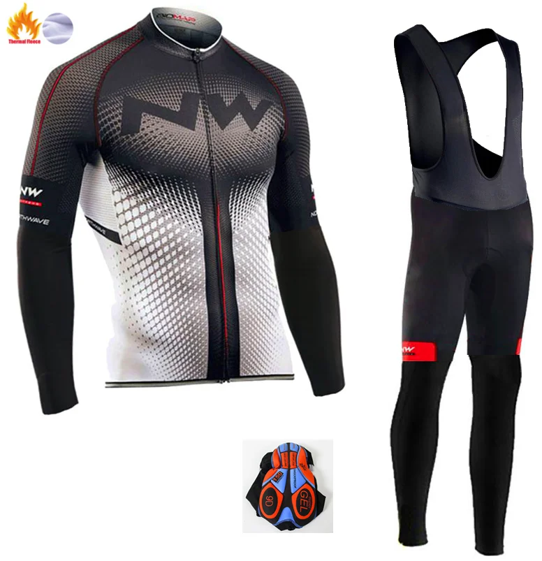 Northwave Winter thermal fleece Cycling Clothes NW men's Jersey suit outdoor riding bike MTB clothing warm Bib Pants set - Color: Winter Cycling Suit