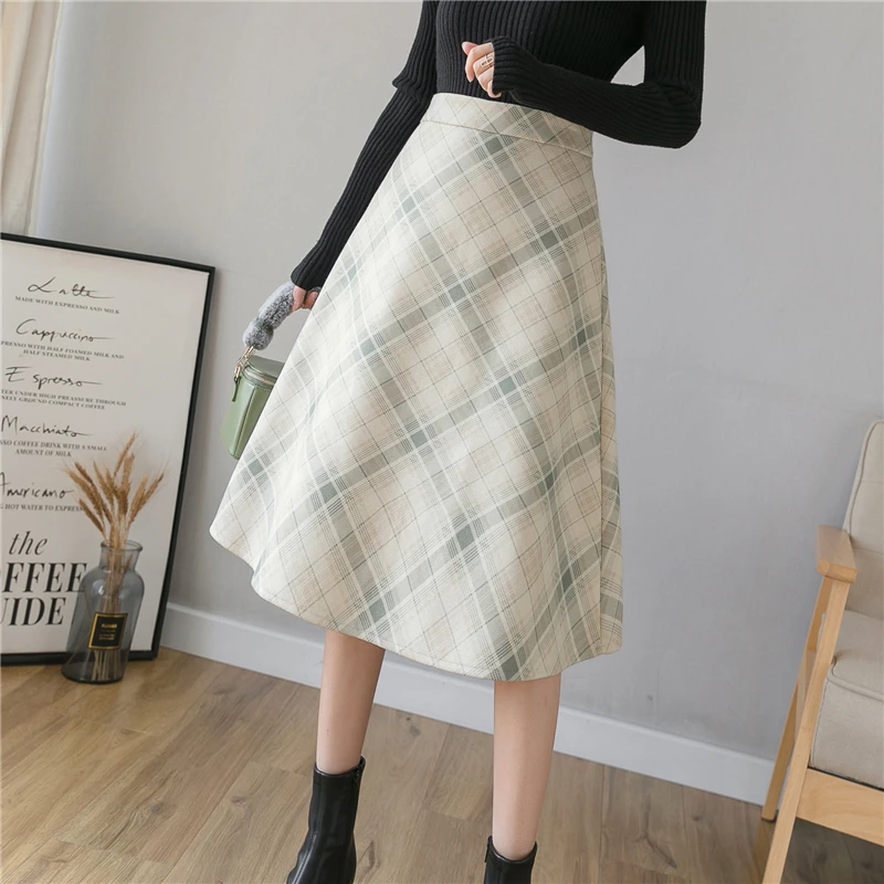 Autumn Winter Elegant Women  Vintage Plaid Woolen Midi skirts  High Waist Retro Female A-Line Office lady skirt