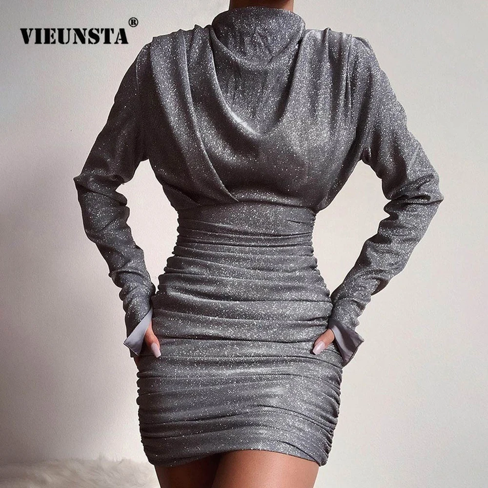 

Women O-neck Full Sleeve Pleated Mini Dress Spring Bright Silk Shiny Clubnight Party Dress Elegant Autumn Bodycon Dress Vestidos
