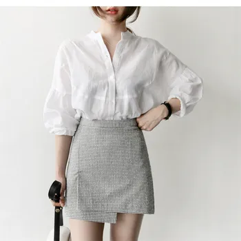 S-XL Girls Spring Oversize Blouse Womens White Shirt Long Sleeves Tops Mini Skirts Summer Plaid High Waist Two Piece Set Women 1