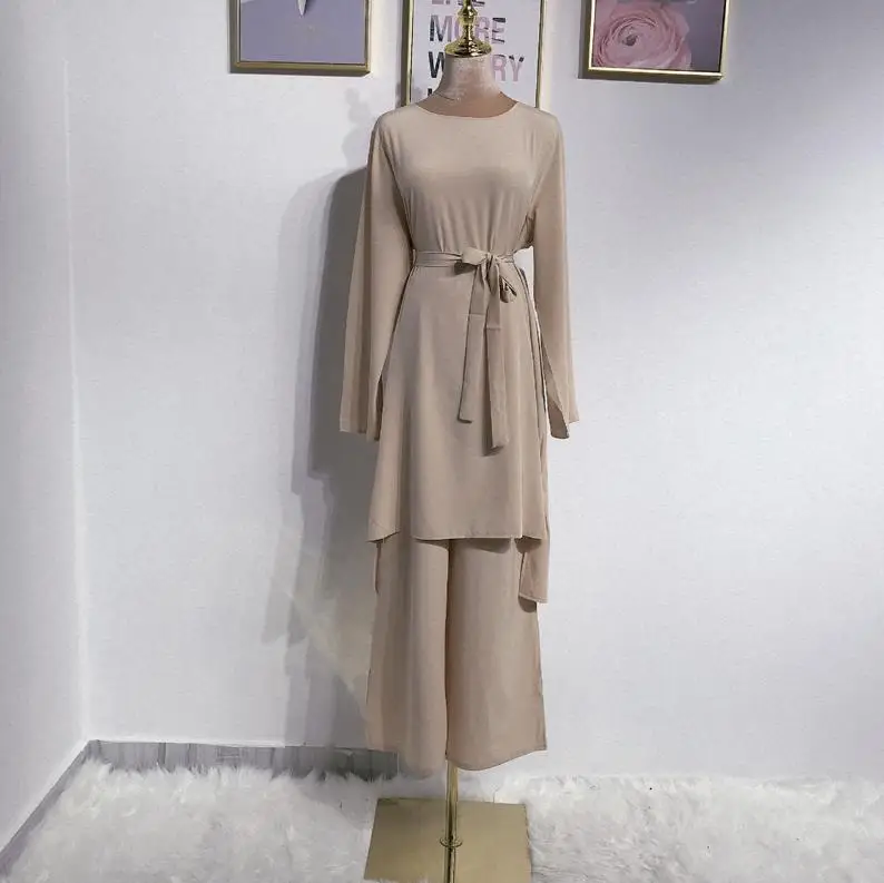 Abaya Дубайский мусульманский высокий женский комплект из 2 предметов брюки вода Оман Пакистан турецкая исламская одежда женское Спортивное платье хиджаб комплект - Цвет: Apricot set