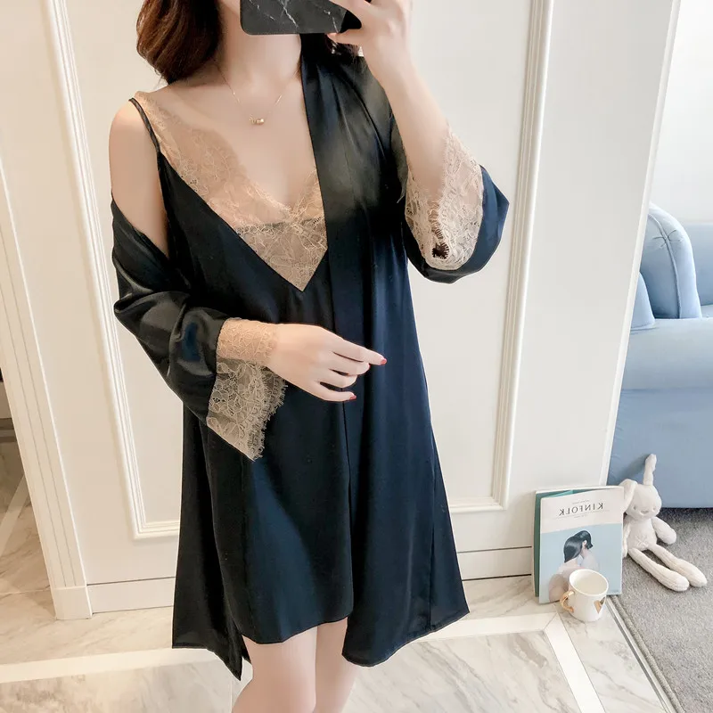 Женский сексуальный кружевной Шелковый халат и платье комплект платье для сна+ халат два кружева халат Свадебная Пижама для подружки невесты Femme домашняя одежда