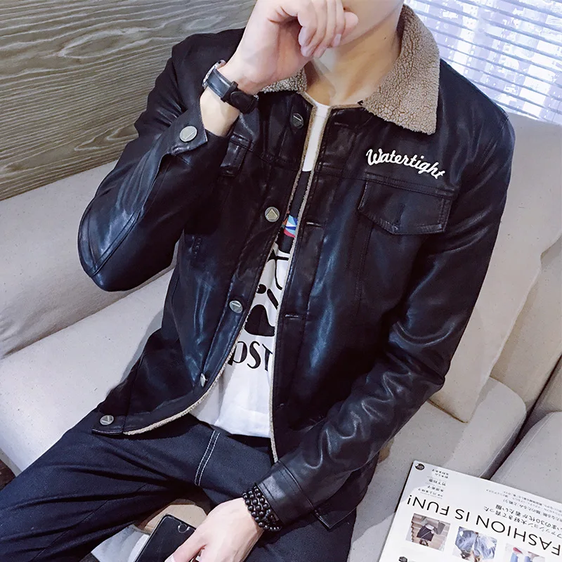 

Hot Sales Winter New Style Warm Lambs Wool Leather Coat Men Fold-down Collar plus Velvet Slim Fit Cotton-padded Clothes Leather