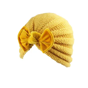 Baby Girls Solid Knitted Hat With Pleuche Bowknot Newborn Beanie Caps Big Bow Headwear Infant Toddler Hats Beanie Kids Headband 3