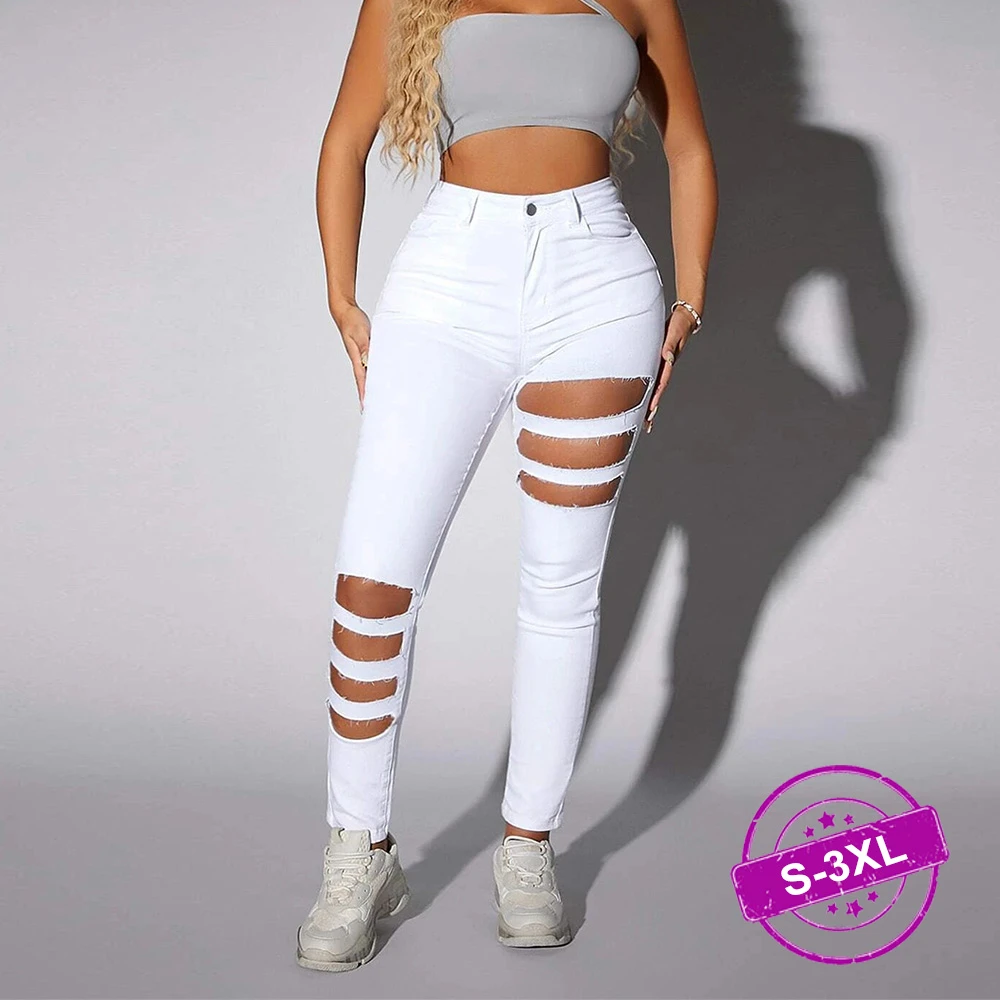Pantalones rasgados para mujer, Vaqueros blancos ajustados e informales, Sexy, a moda, de cintura alta Y2k, talla 3XL, 2022|Pantalones vaqueros| - AliExpress