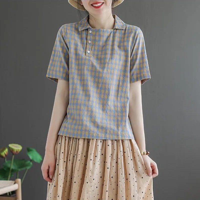 Blouses Shirts Women Summer Casual Plaid Tops New 2020 Korean Style Turn-down Collar Female Vintage Blouse High Quality P990 2