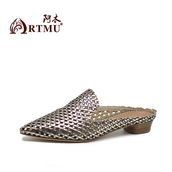 

Artmu Weaving Fashion Women Slippers Shoes High Heels Sandals Pointed Toe Thick Heel 3.5 cm Breathable Genuine Leather Fashion