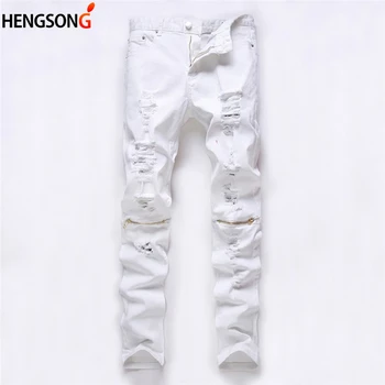 

New men multi zippers broken hole ripped pants mens joggers skinny pants casual trousers pantalon red white black