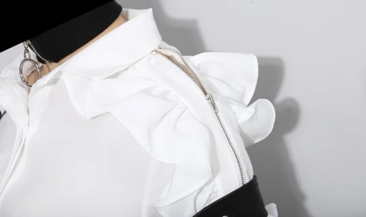 [EAM] Летняя мода узор корейский сплошной цвет оборки сторона с длинным рукавом молния черный белый рубашка прилива Топы для женщин YA848