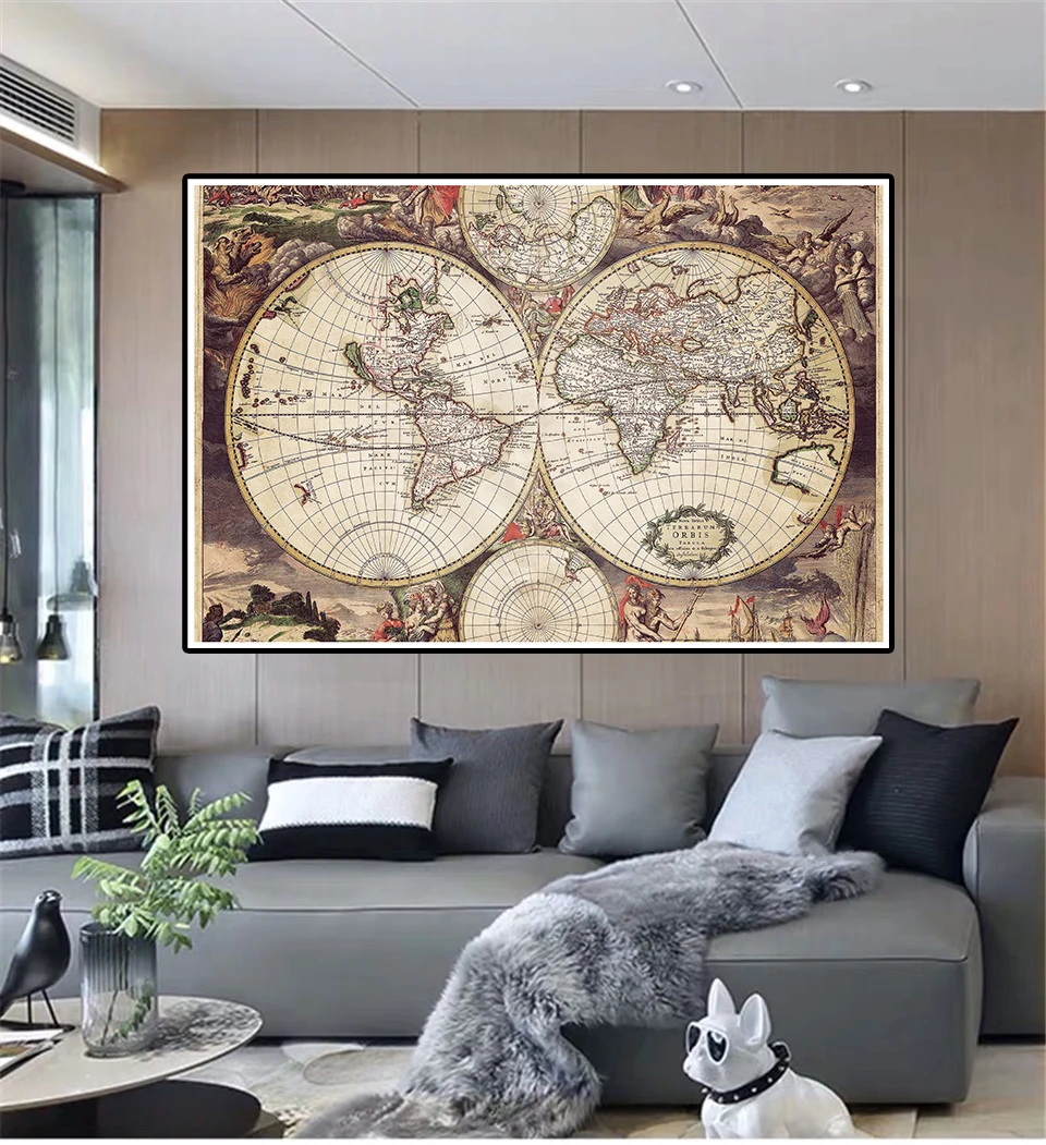 Vintage Map of World Non-woven Canvas Painting Medieval Latin Art Poster Living Room Home Decor School Supplies 150*100cm