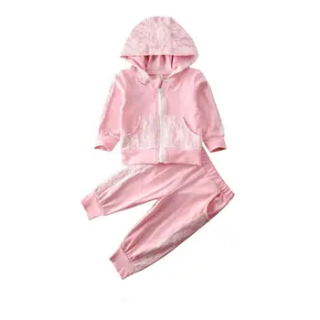 

Toddler Baby Boy Girls Clothes Sets Lace Floral Print Long Sleeve Zipper Hooded Tops Pants 2PCS Outfits Suit Winter Clothes