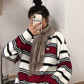 

2019 new wear long-sleeved striped pullover top women loose lazy wind embroidery thin sweater