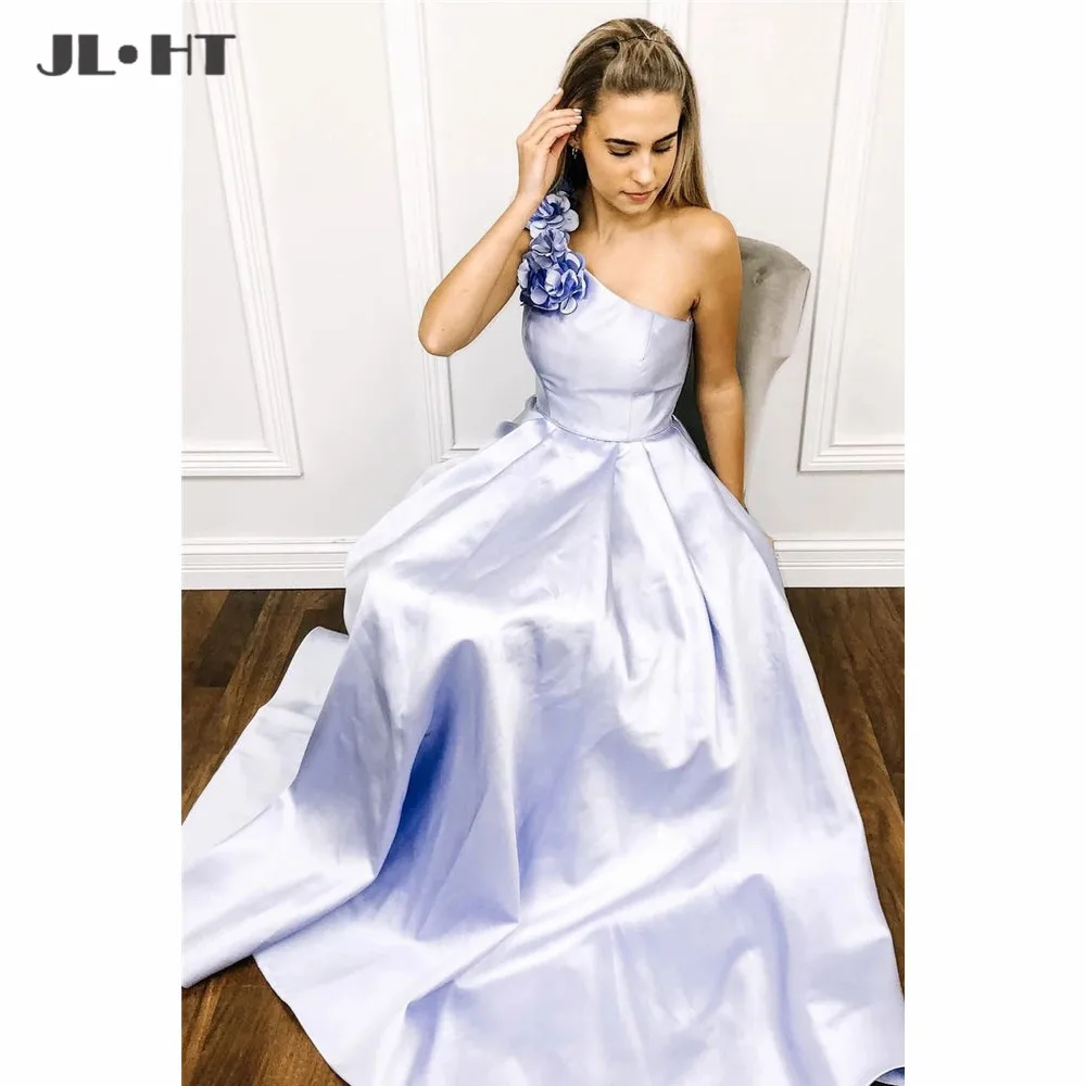 

Elegant One Shoulder Prom Dresses With Flowers Ruffle Long Evening Dress Floor Length Violet Satin Formal Party Dress Prom Gown