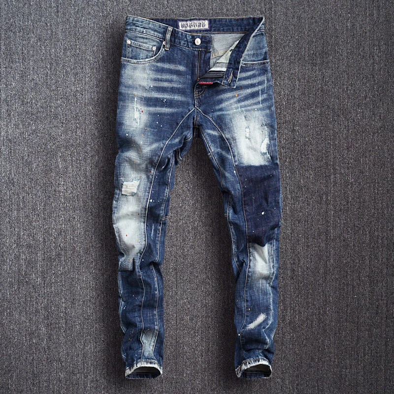 Итальянские модные мужские джинсы, ретро дизайн, сплайсированные тонкие рваные джинсы, Мужские штаны в стиле хип-хоп, высокое качество, уличная одежда, байкерские джинсы, Homme - Цвет: Синий