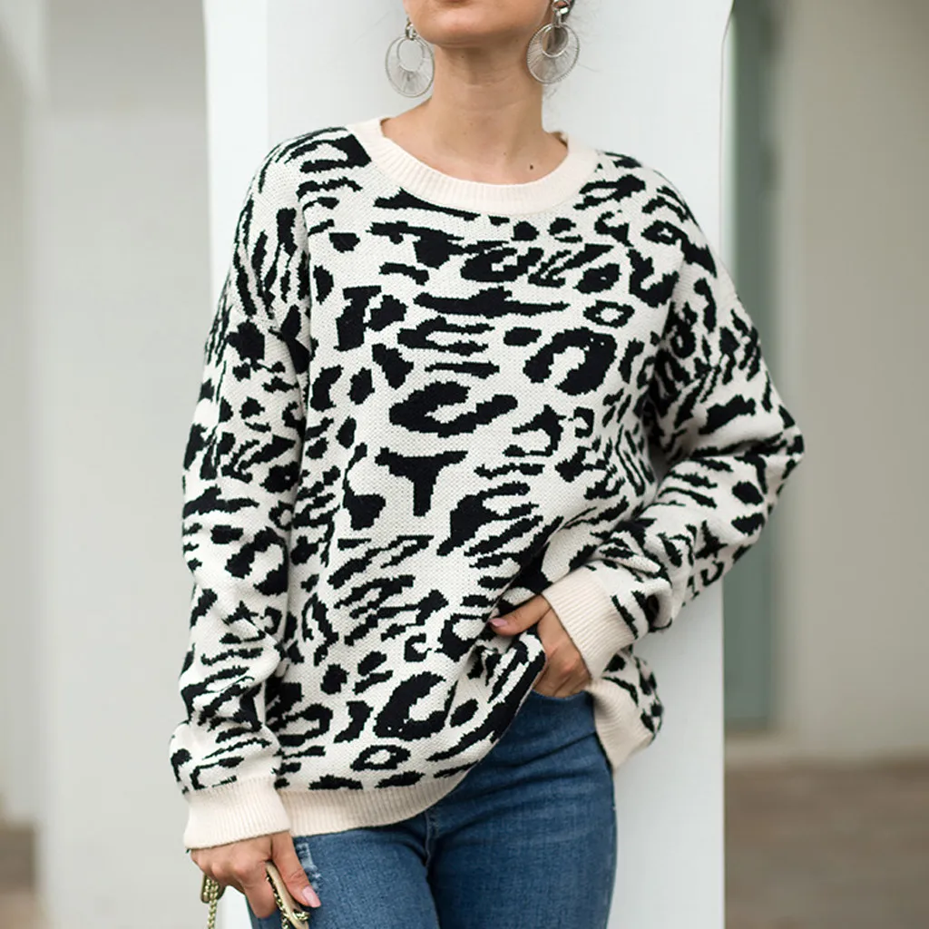 

Women's sweater leopard O Neck Knitted Sweater 2019 Winter Fashion Female Pullover Sweaters Ladies Loose Knitwear L30822