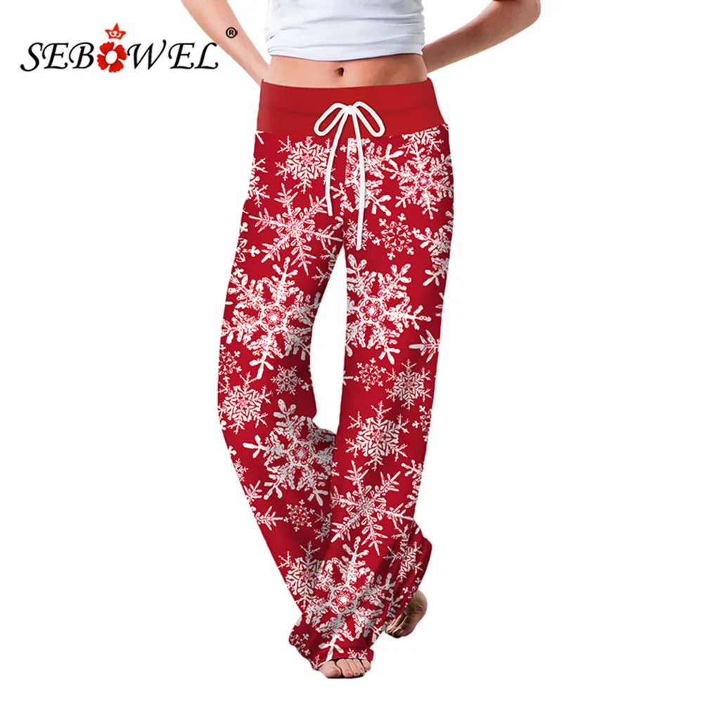 

SEBOWEL Drawstring Wide-Leg Pants Women's Christmas Floral Plaid Digital Printing Casual Female High Waist Loose Sweatpants