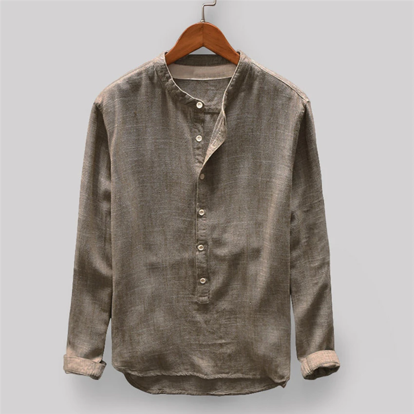 New Mens Traditional Chinese Clothing Tang Suit Long Sleeve Solid Linen Hanfu Men Retro Kung Fu Cheongsam Tops Clothes