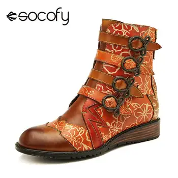 

SOCOFY Retro Embossed Irregular Stitching Metal Butterfly Knot Buckle Zipper Genuine Leather Boots Ladies Shoes Women Shoes