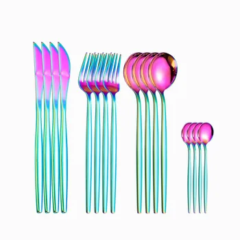 

16pcs Cutlery Set Stainless Steel Dinnerware Rainbow Fork Knife Set Soup Spoon Tea Spoon Mirror Flatware Tableware Dropshipping
