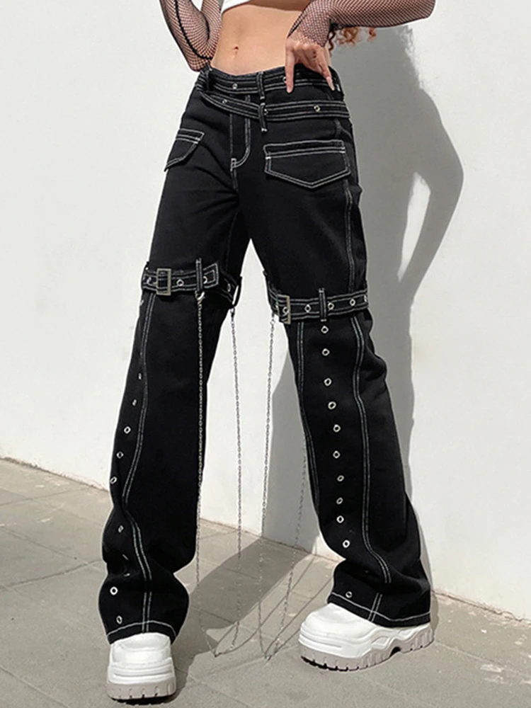 PunkCargoPantsEmoAltHarajukuBlackBuckleChainDenimTrousers