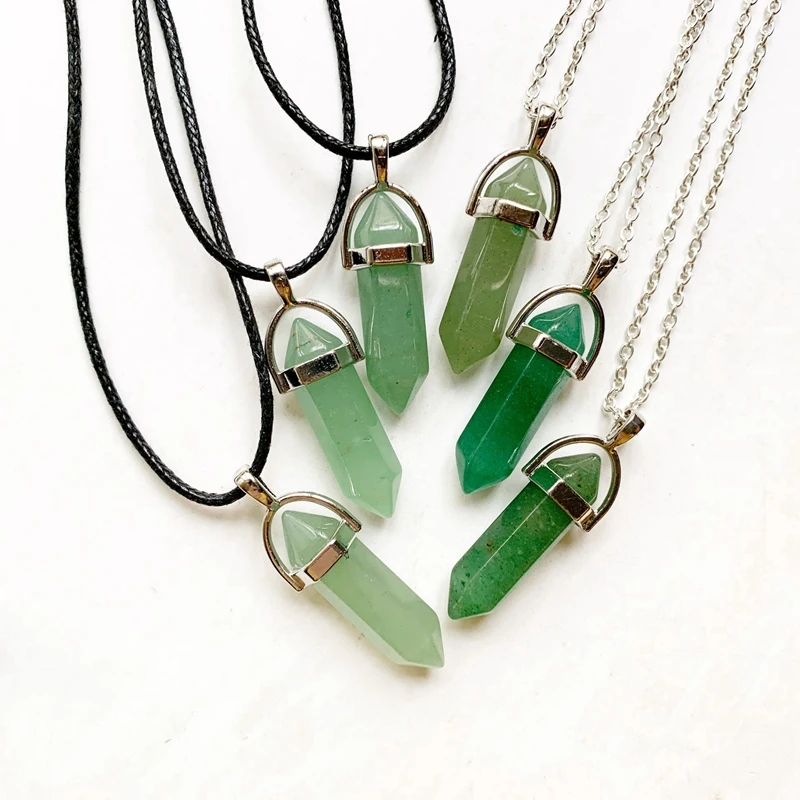

Green Aventurine Stone Pendant Natural Crystal Hexagonal Column Crystal Pendant Necklace Link Chain Black Cord