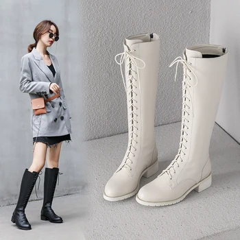

Newest low Heels Cow Leather Women Knee High Boots lace up Female Riding Boots Dancing Shoes Woman Plus Size 41 42 43