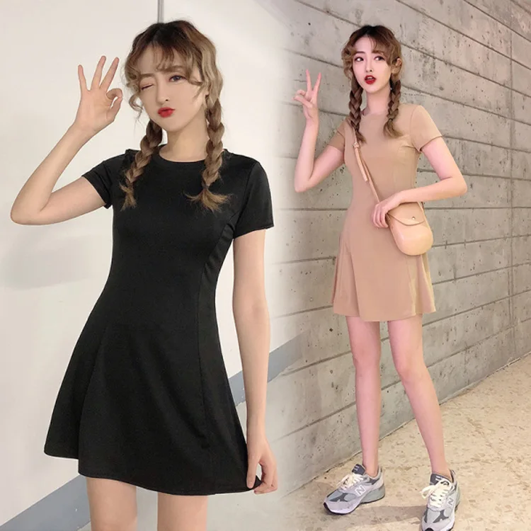 

Hepburn Wind 2020 Summer Casual Dress Mid-length Skirt Base Shirt High-waisted Waist Hugging Solid Color Skirt Women's