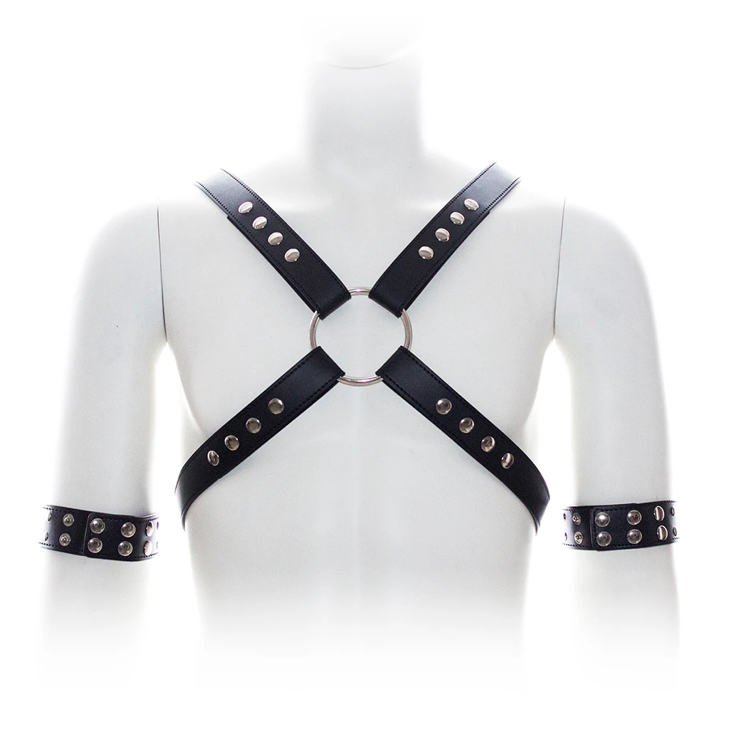 Black Body Chest Harness - Punk Goth Artificial Leather Belt with Buckles Rings for Men Women