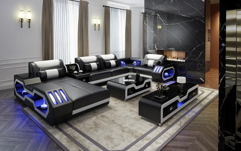 Wholesale Big Size U shape Living room furniture new model led genuine leather sofa