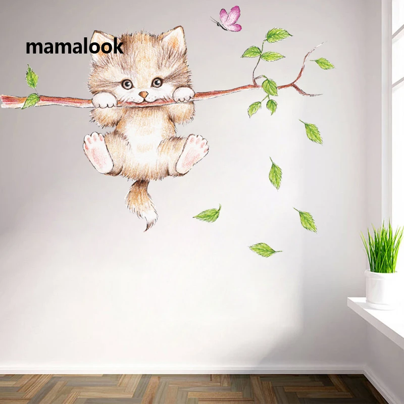 

Cute Cat butterfly tree branch Wall Stickers for kids baby rooms home decoration cartoon animal Wall decals diy posters pvc art