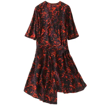 

Elegant 100% Silk High Quality Vintageblack Red Women Dress Summer Spring V Neck Sexy Vintage Office Dress Printed Short Sleeves