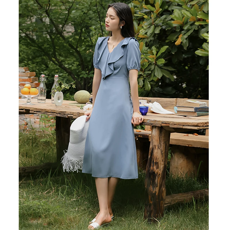 

Women Midi Ruffle Vintage Dress Summer 2022 Runway Slim Elegant Korean Dress Female Casual Party Night Honeymoon New Arrivals