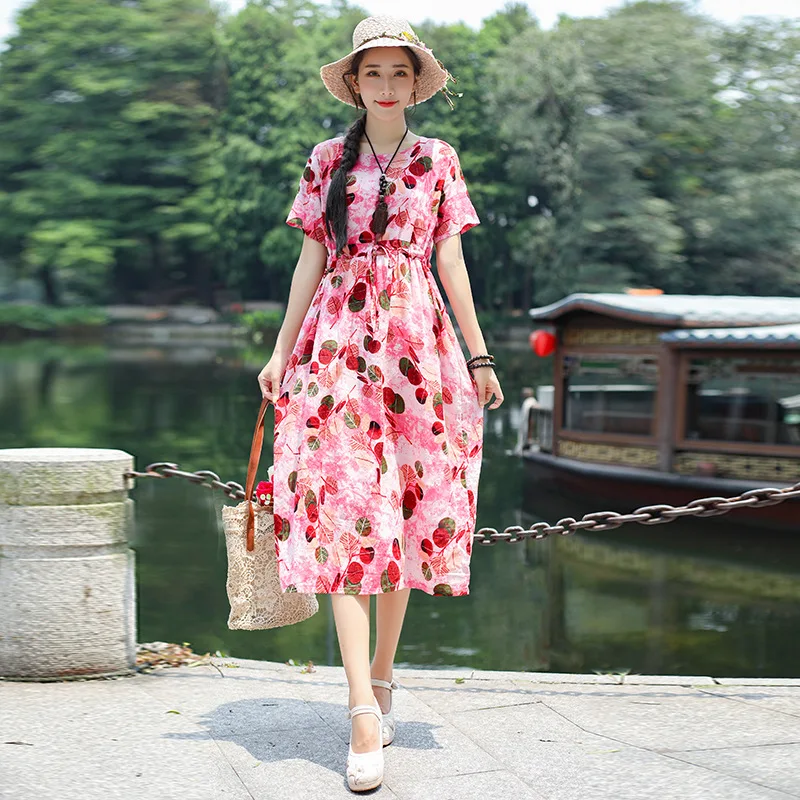 

2019 Summer Wear New Style Ethnic-Style Large Size Dress Cotton Linen Loose-Fit Slimming Literature And Art Retro Floral Dress W
