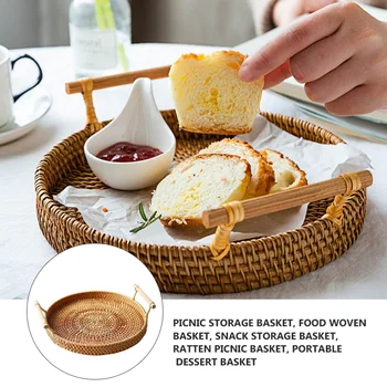 

1PC Rattan Woven Basket Practical Picnic Ratten Tray Outdoor Storage Basket Portable Picnic Basket (Medium, Diameter 28x3.5cm)