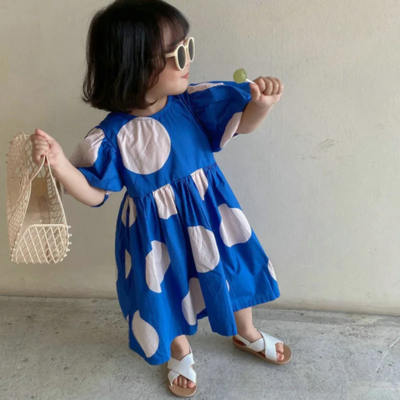 Summer Girls Dress Korean Style Fashon Cotton Sweet Big Polka Dot Dress Baby Kids Clothes Children's Clothing girls dress