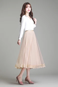 

2020 mesh skirt women's pleated skirt high waist mesh stitching bead brother bright silk skirt wear on both sides