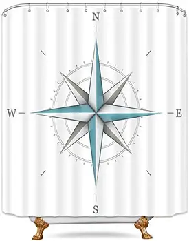 

Compass Shower Curtain Nautical Directional Marine Instrument White Wind Rose Earth Illustration Guide Decor Bathroom Set