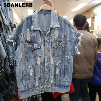 

Spring Autumn New Heavy Chain Diamond Single-row Button Denim Vest Jacket Women Female Trendy Jean Coat Student Loose Streetwear