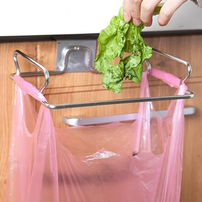 

Stainless steel kitchen trash bag holder Hook behind creative cabinet door suspension Food waste storage bracket