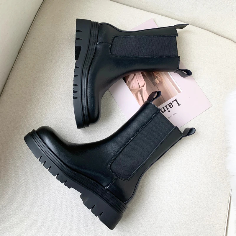 Black Platform Chelsea boots women round toe Thick Bottom ankle boots for women fashion brand design Knight Boots Woman