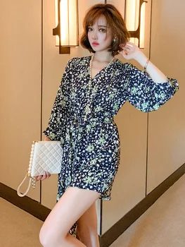 

Trendy Vintage Printed Cross V-neck Fashionable Irregular Hem Slimming Jumpsuit Women's Fashion Summer New Style